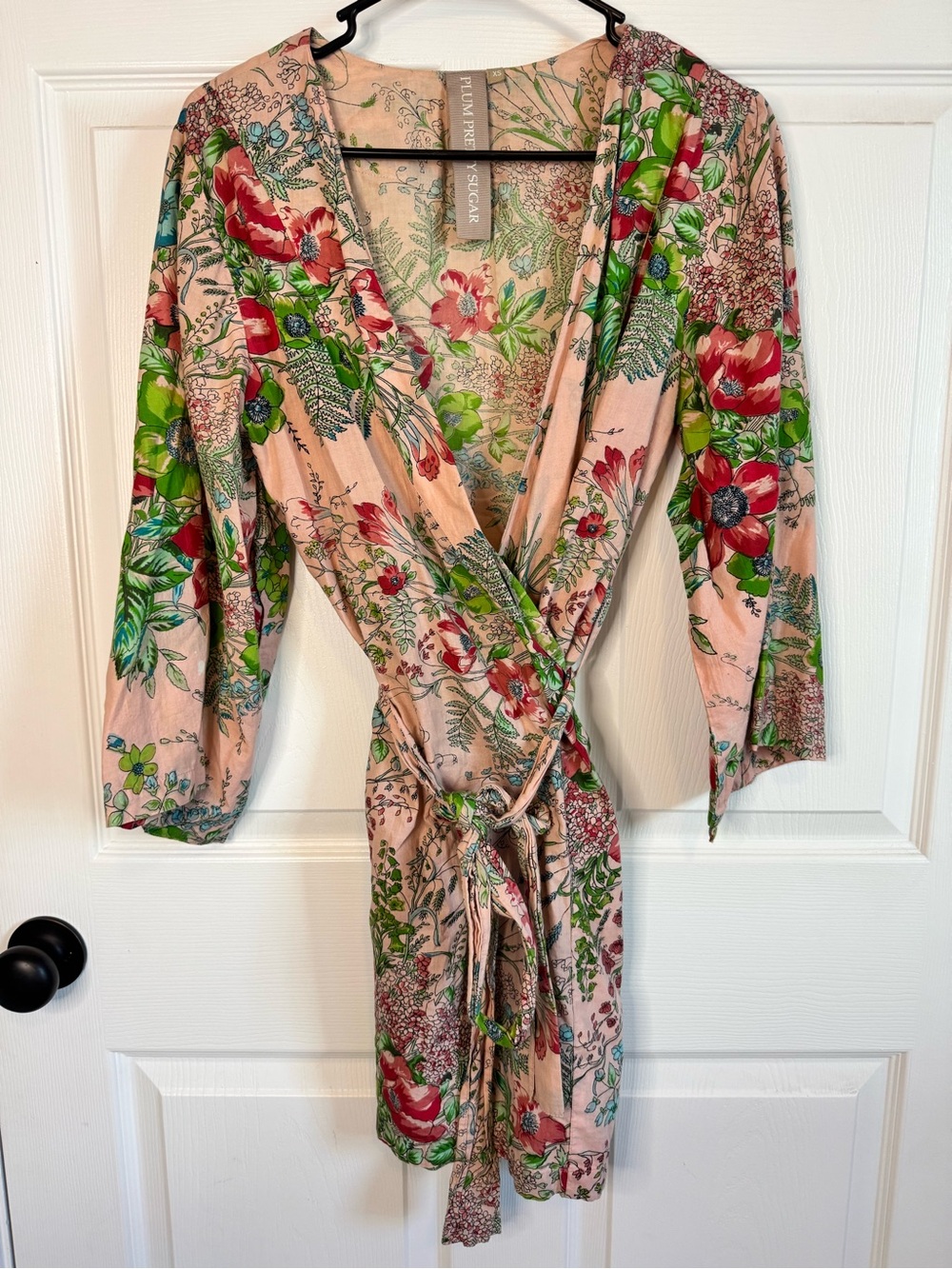 Plum Pretty Sugar Peach Floral Wrap Robe with Red & Green Accents - Picture 1 of 6